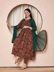 Rust Floral Cotton Maternity Kurta with Trouser and Dupatta