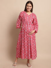 Pink Ethnic Printed Maternity Dress