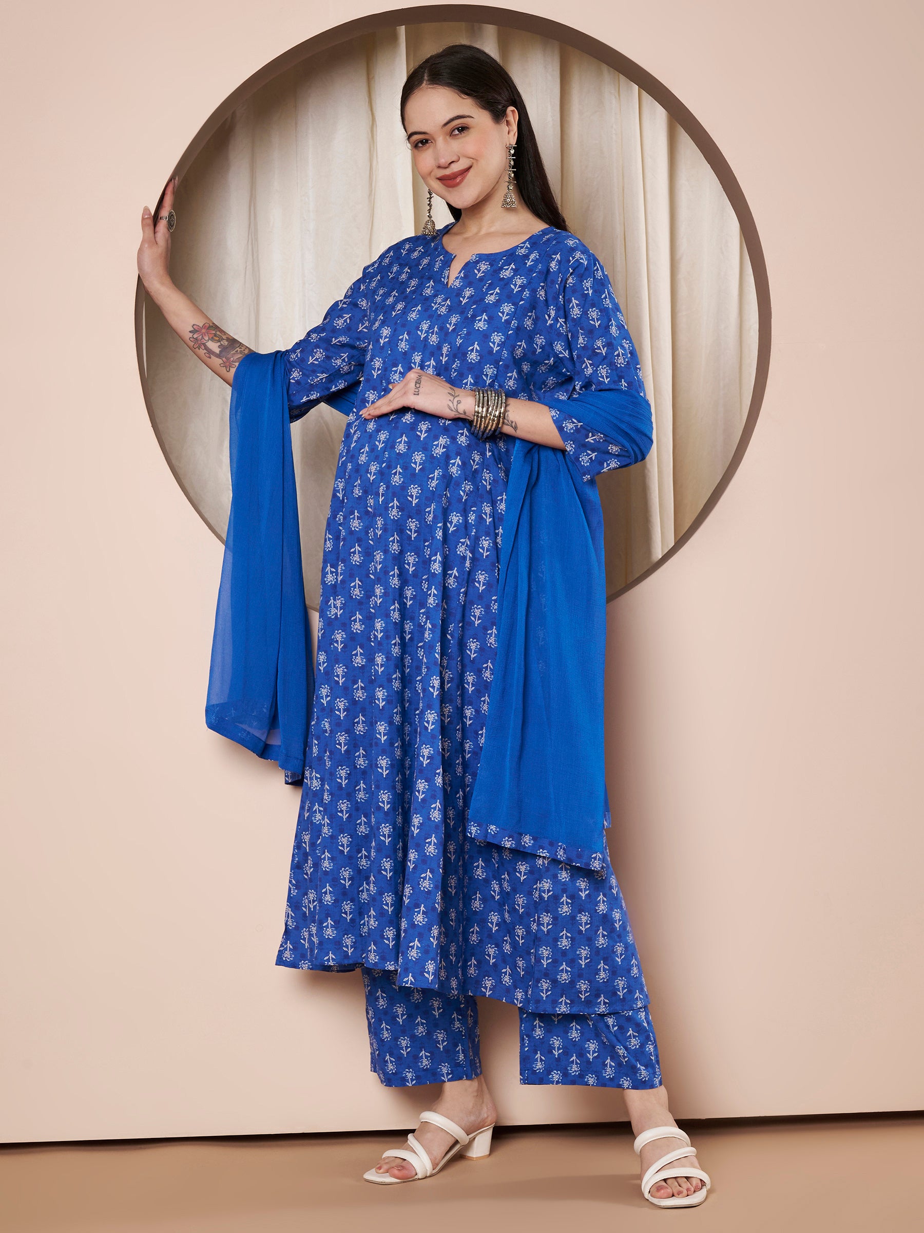 Blue Floral Cotton Maternity Kurta with Trouser and Dupatta