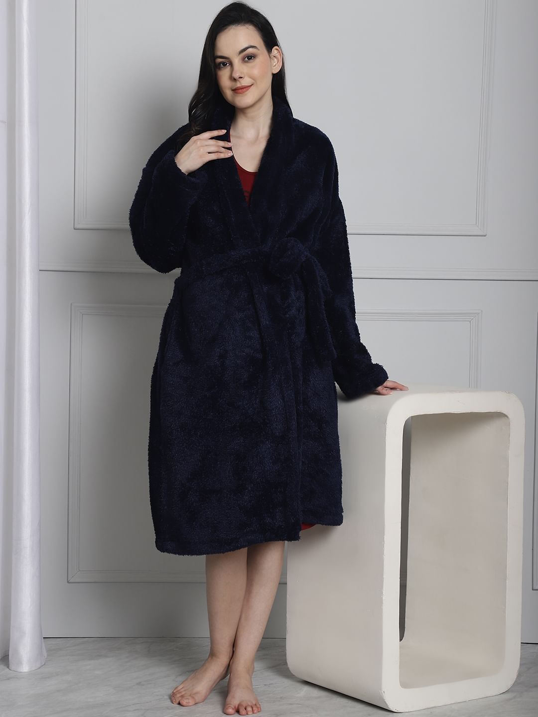Navy Faux Fur Robe