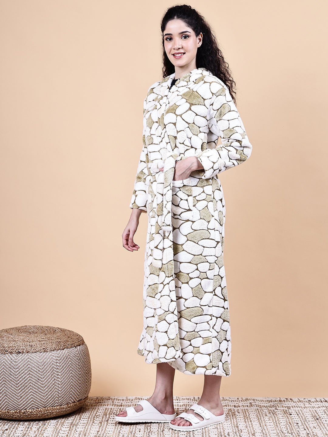 Olive Green Abstract Fur Winter Robe