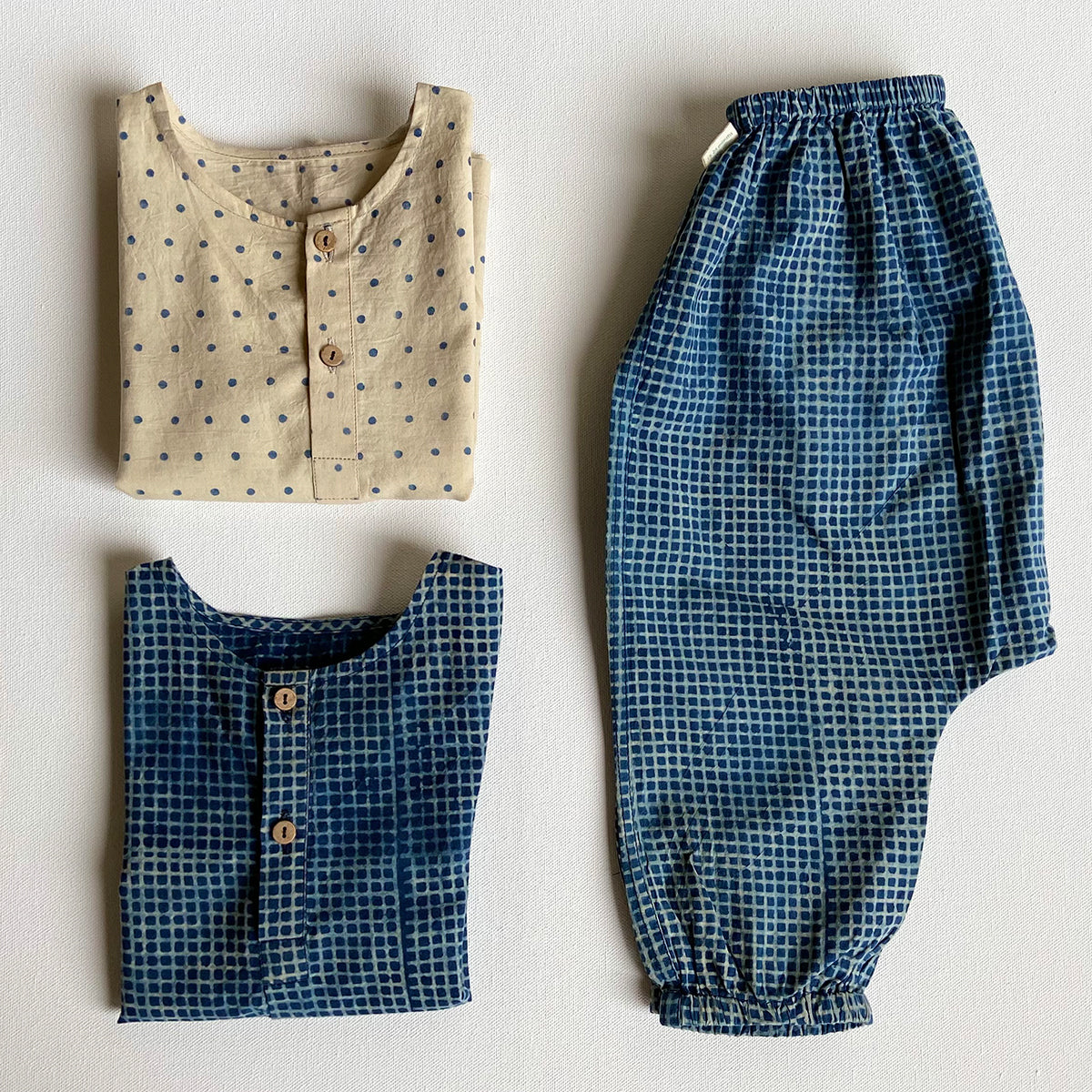WHITEWATER KIDS UNISEX ORGANIC INDIGO BAG - RAIDANA + CHECK KURTA + CHECK PANTS