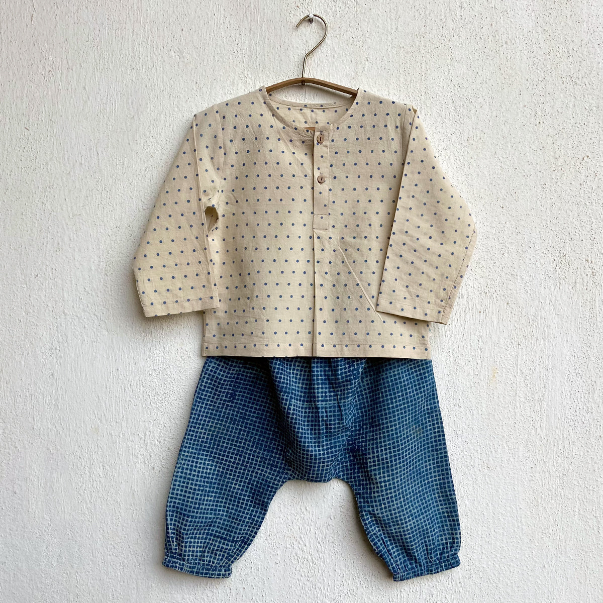 WHITEWATER KIDS UNISEX ORGANIC INDIGO BAG - RAIDANA + CHECK KURTA + CHECK PANTS