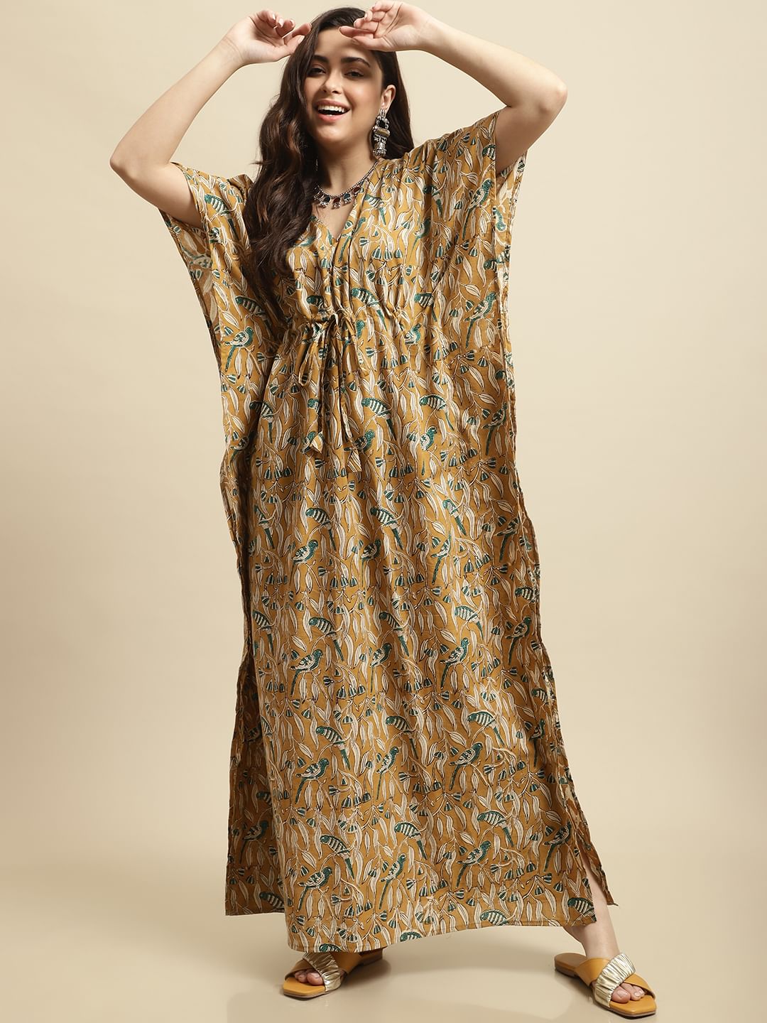 Mustard Yellow Sanganeri Handblock Print Kaftan Night Dress