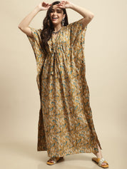Mustard Yellow Sanganeri Handblock Print Kaftan Night Dress