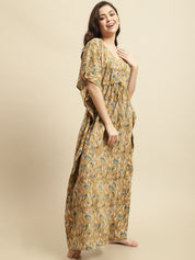Mustard Yellow Sanganeri Handblock Print Kaftan Night Dress