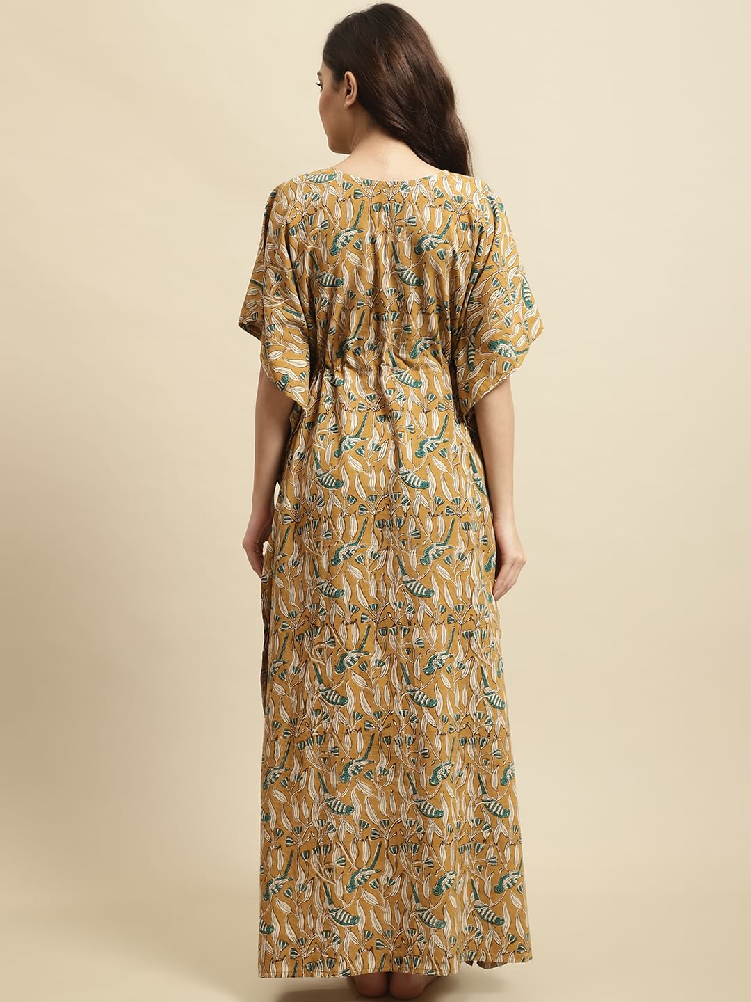 Mustard Yellow Sanganeri Handblock Print Kaftan Night Dress