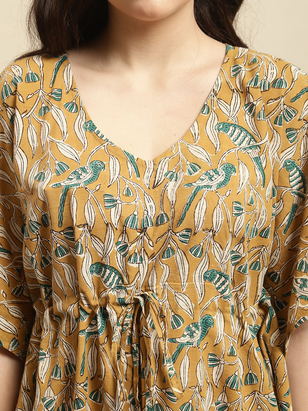 Mustard Yellow Sanganeri Handblock Print Kaftan Night Dress