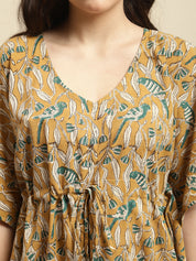 Mustard Yellow Sanganeri Handblock Print Kaftan Night Dress