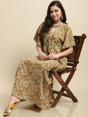 Mustard Yellow Sanganeri Handblock Print Kaftan Night Dress