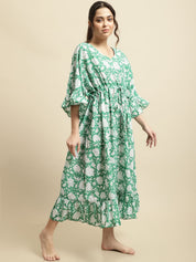 Green Sanganeri Handblock Print Kaftan Night Dress