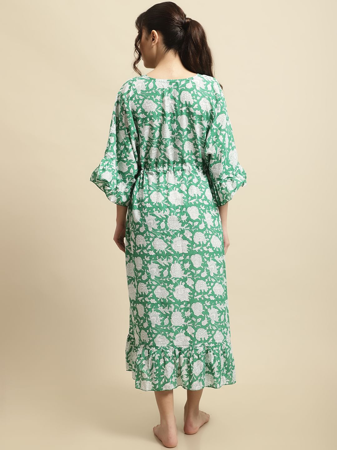 Green Sanganeri Handblock Print Kaftan Night Dress