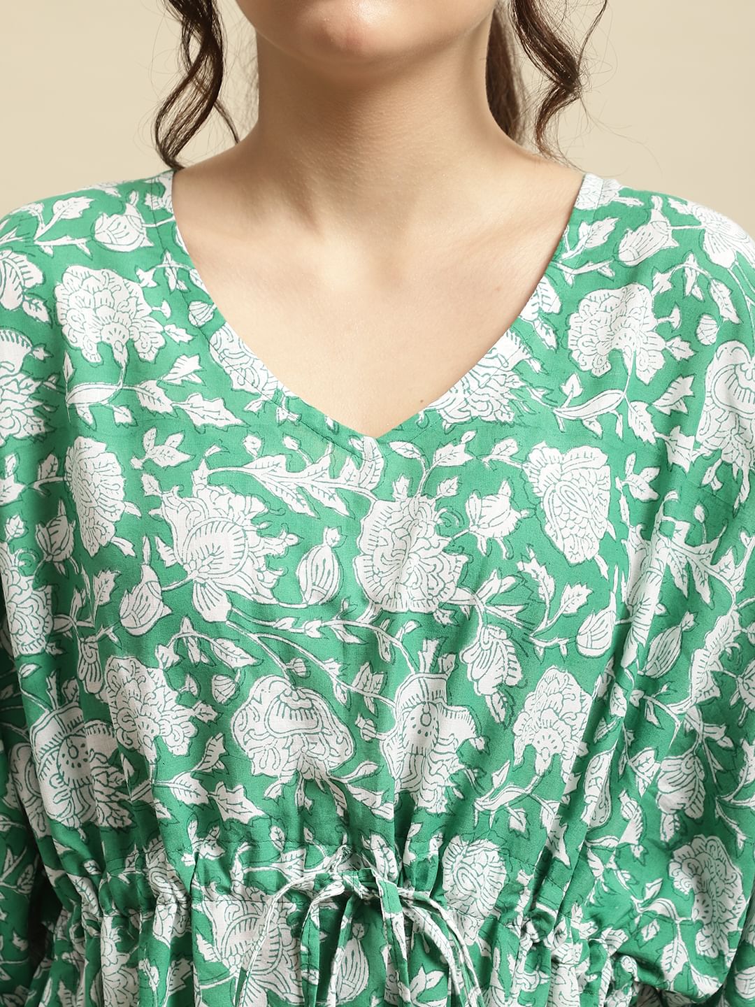 Green Sanganeri Handblock Print Kaftan Night Dress