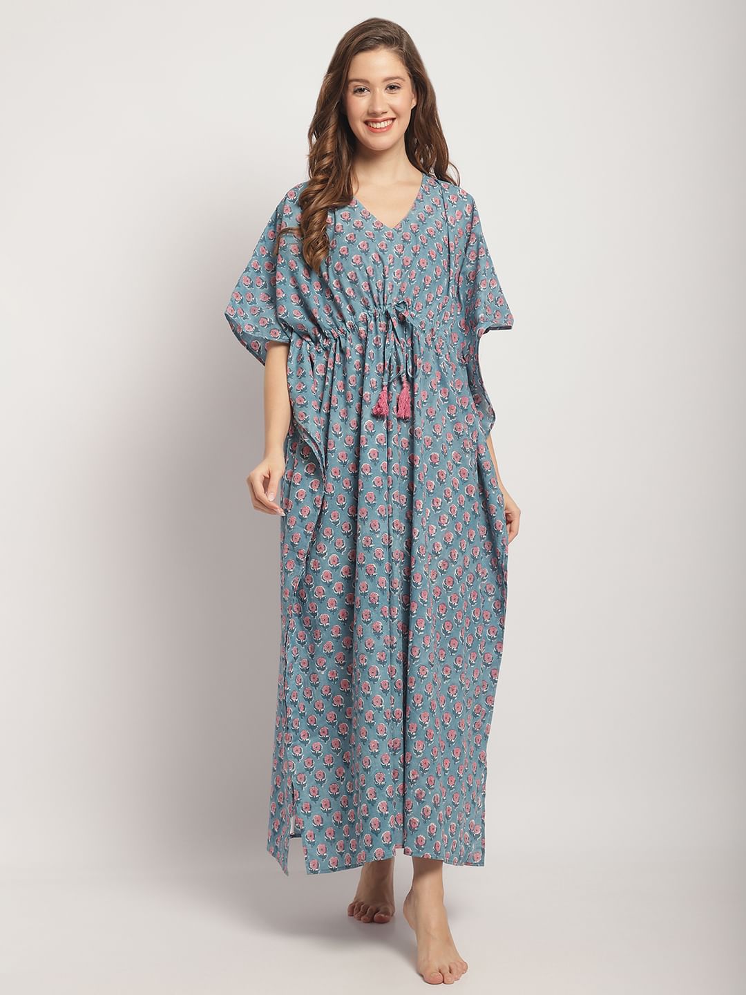 Blue Jaipuri Floral Print Kaftan Nightdress