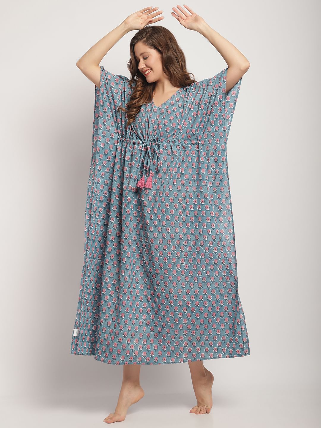 Blue Jaipuri Floral Print Kaftan Nightdress
