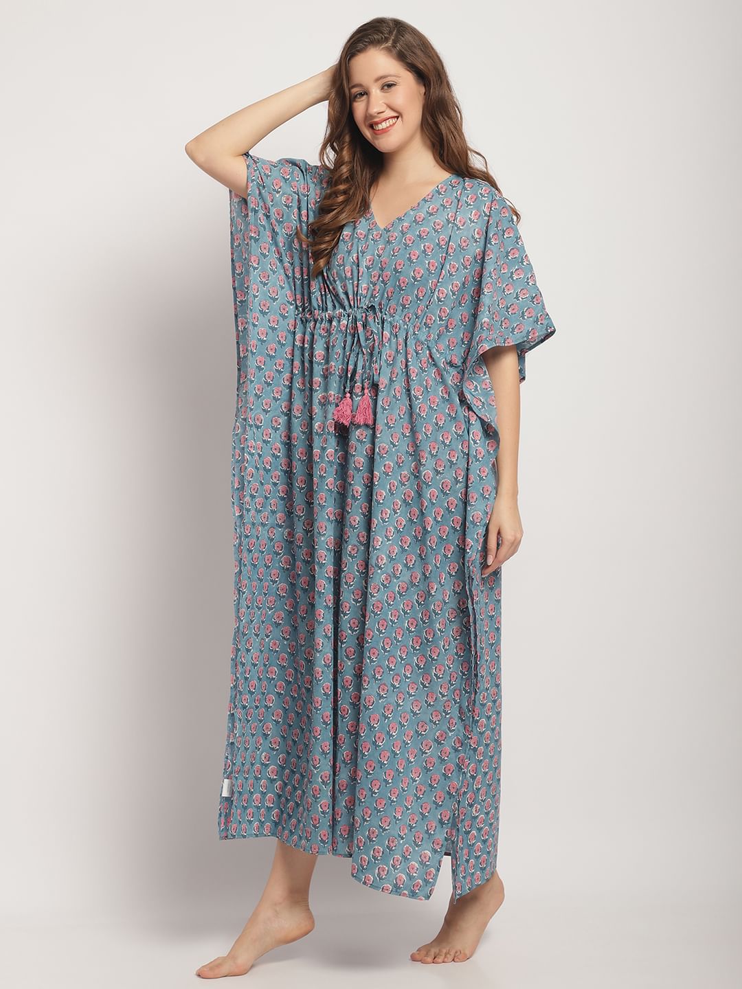 Blue Jaipuri Floral Print Kaftan Nightdress