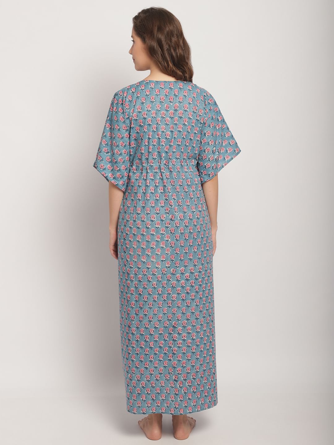 Blue Jaipuri Floral Print Kaftan Nightdress