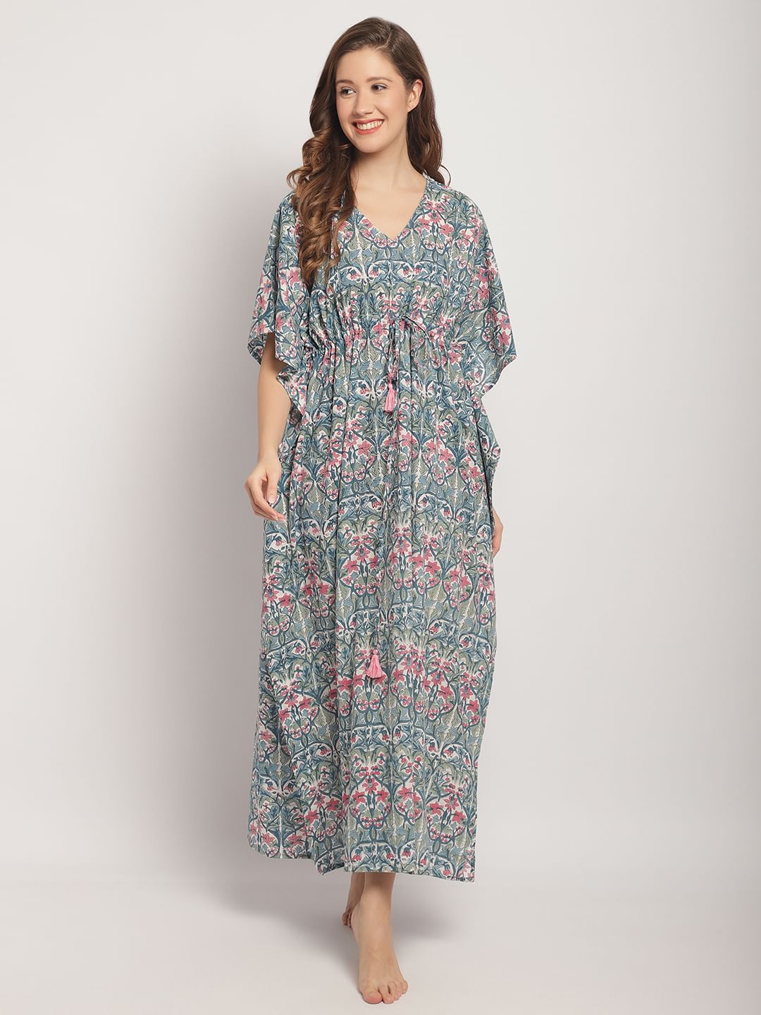 Blue Sanganeri Block Print Kaftan Nightdress