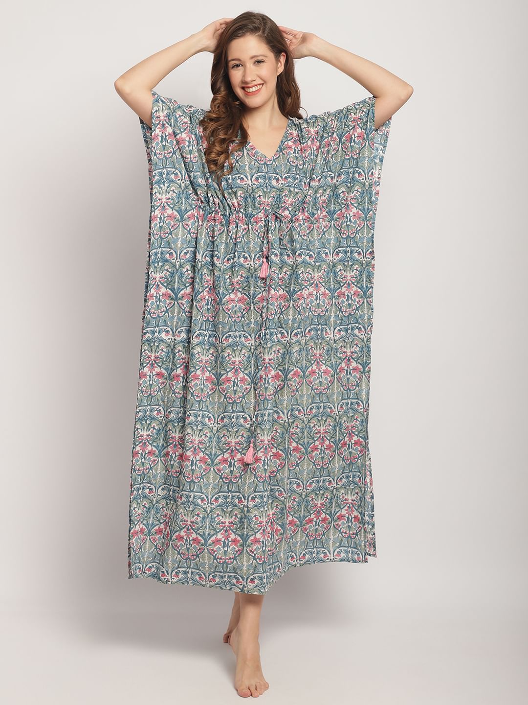 Blue Sanganeri Block Print Kaftan Nightdress