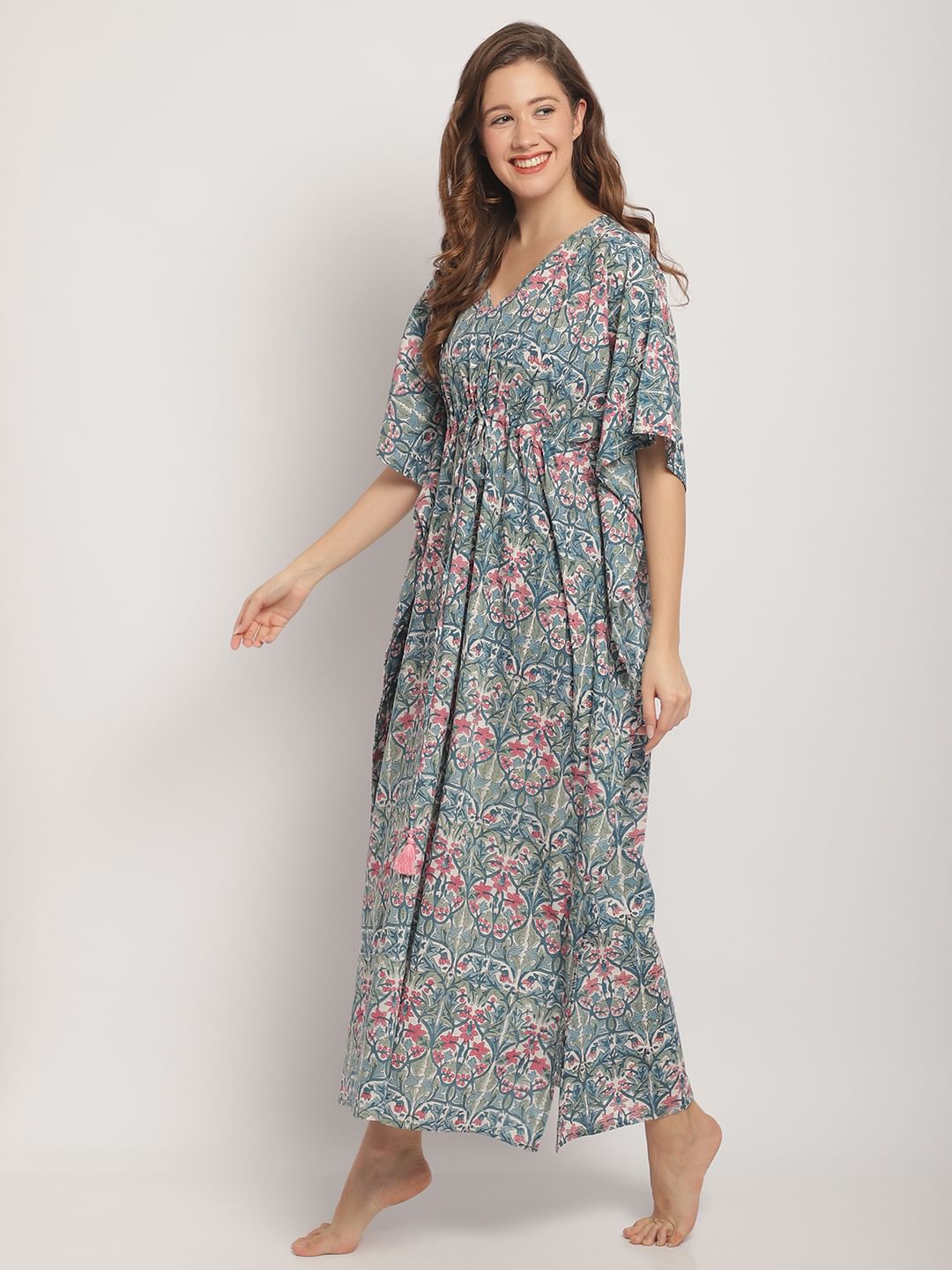 Blue Sanganeri Block Print Kaftan Nightdress