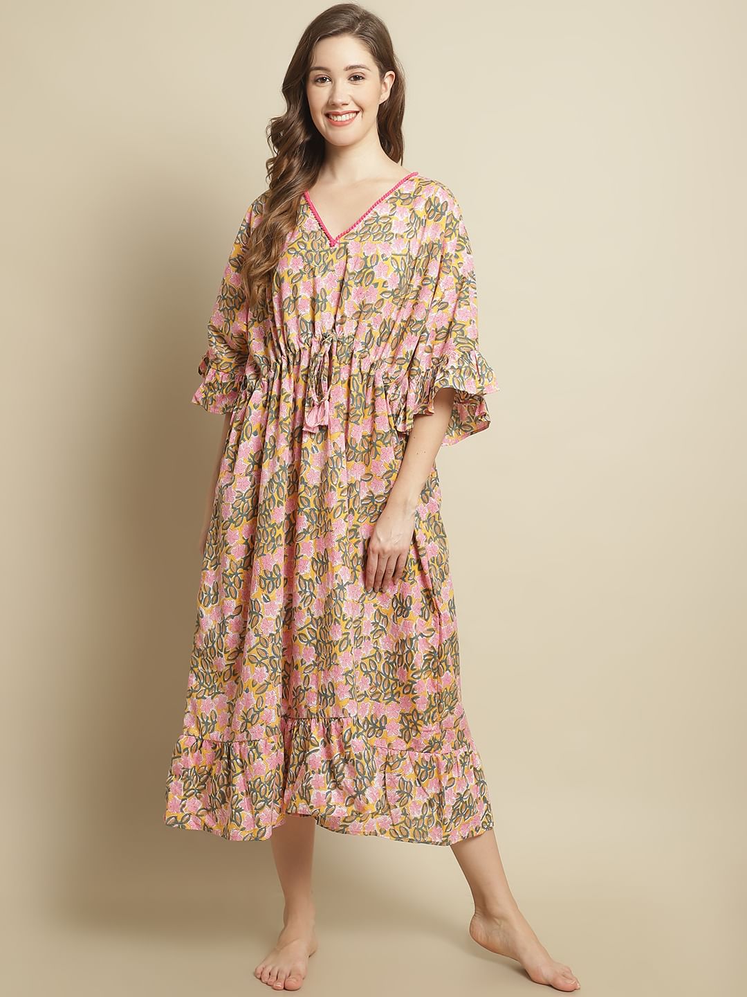 Pink and Yellow Floral Printed Kaftan Nightdress