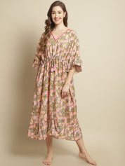 Pink and Yellow Floral Printed Kaftan Nightdress