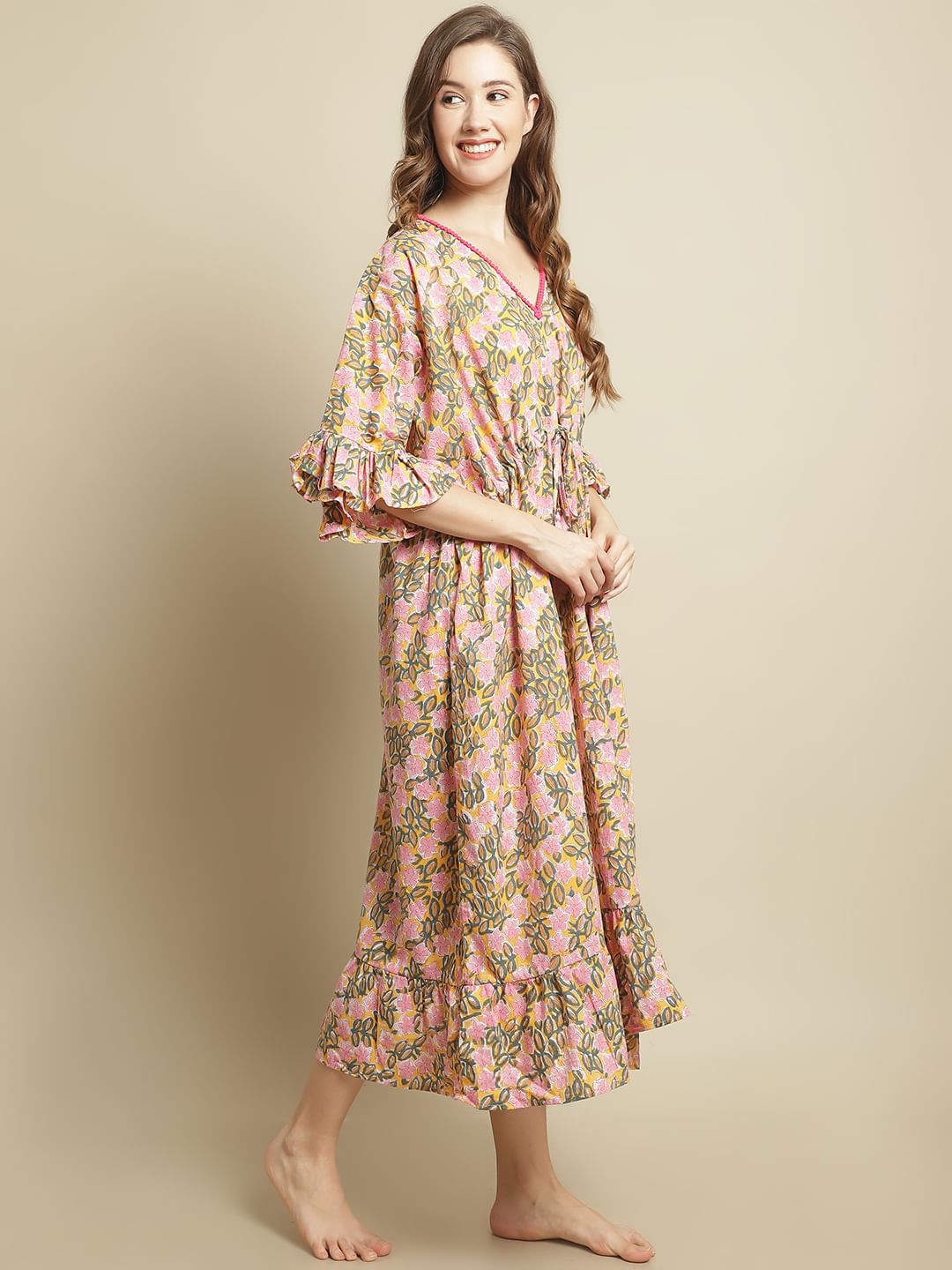 Pink and Yellow Floral Printed Kaftan Nightdress