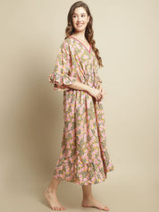 Pink and Yellow Floral Printed Kaftan Nightdress
