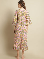 Pink and Yellow Floral Printed Kaftan Nightdress