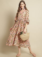 Pink and Yellow Floral Printed Kaftan Nightdress