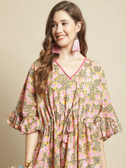 Pink and Yellow Floral Printed Kaftan Nightdress