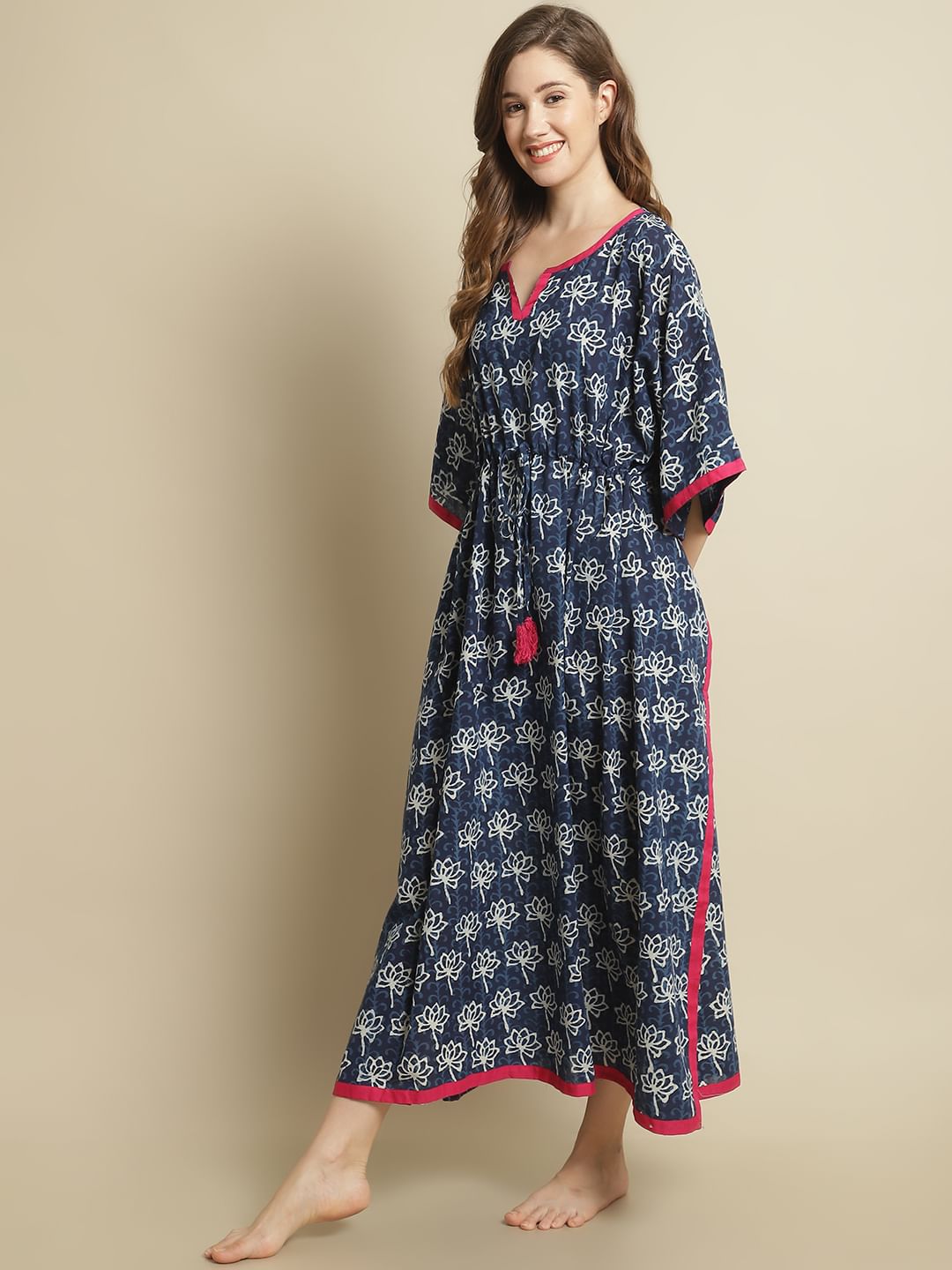 Indigo Dabu Floral Printed Kaftan Nighty