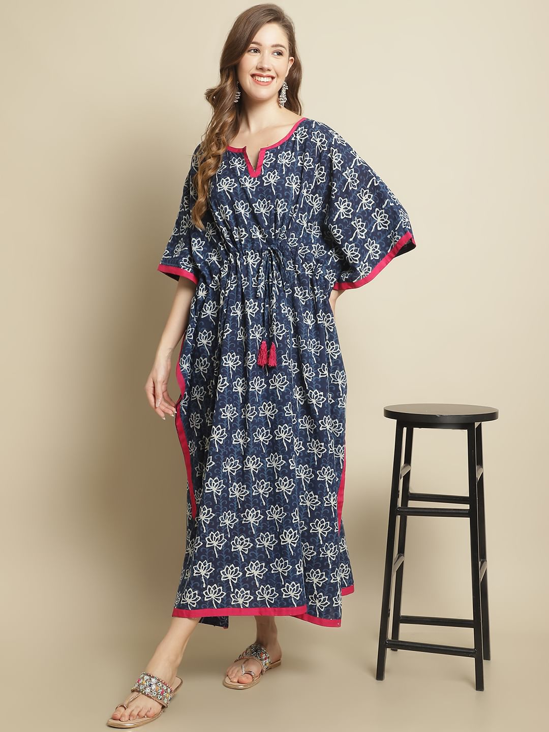 Indigo Dabu Floral Printed Kaftan Nighty