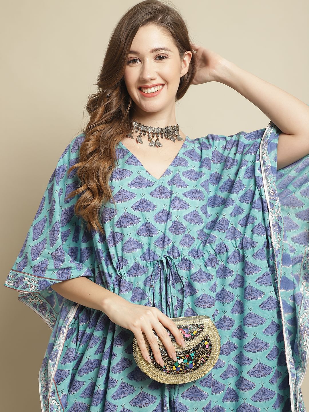Blue Butterfly Printed Kaftan Nighty