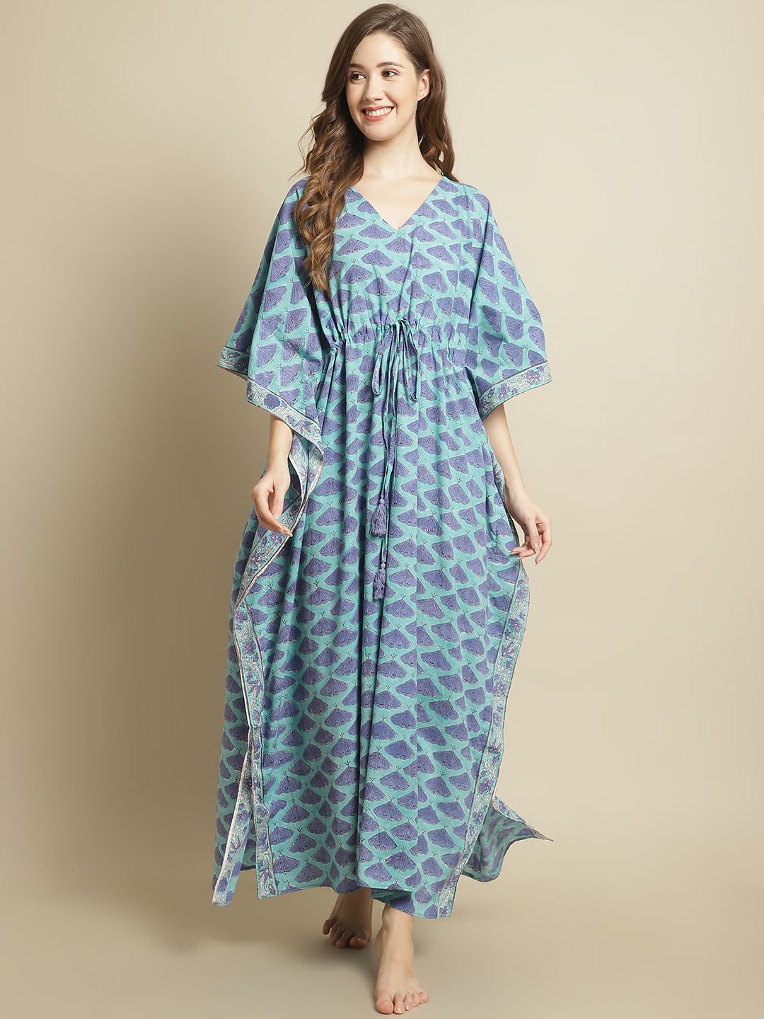 Blue Butterfly Printed Kaftan Nighty