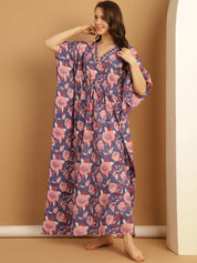 Blue Floral Block Print Cotton Kaftan Nighty
