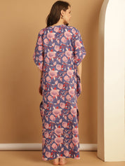 Blue Floral Block Print Cotton Kaftan Nighty