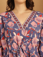 Blue Floral Block Print Cotton Kaftan Nighty