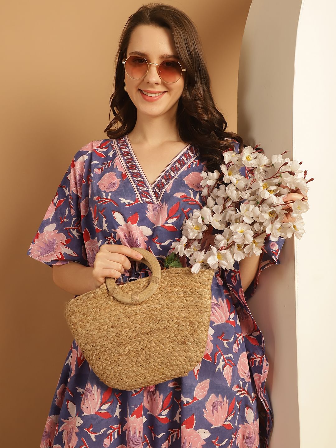 Blue Floral Block Print Cotton Kaftan Nighty