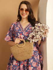 Blue Floral Block Print Cotton Kaftan Nighty