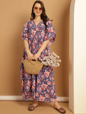 Blue Floral Block Print Cotton Kaftan Nighty