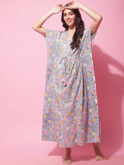 Blue Sanganeri Block Print Maternity Kaftan Night Dress