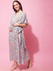 Blue Sanganeri Block Print Maternity Kaftan Night Dress