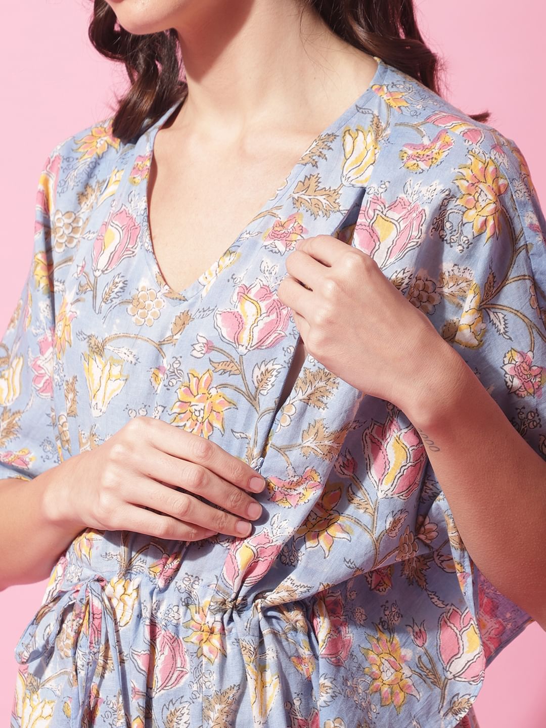 Blue Sanganeri Block Print Maternity Kaftan Night Dress
