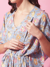 Blue Sanganeri Block Print Maternity Kaftan Night Dress