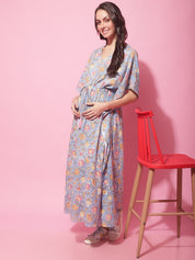 Blue Sanganeri Block Print Maternity Kaftan Night Dress