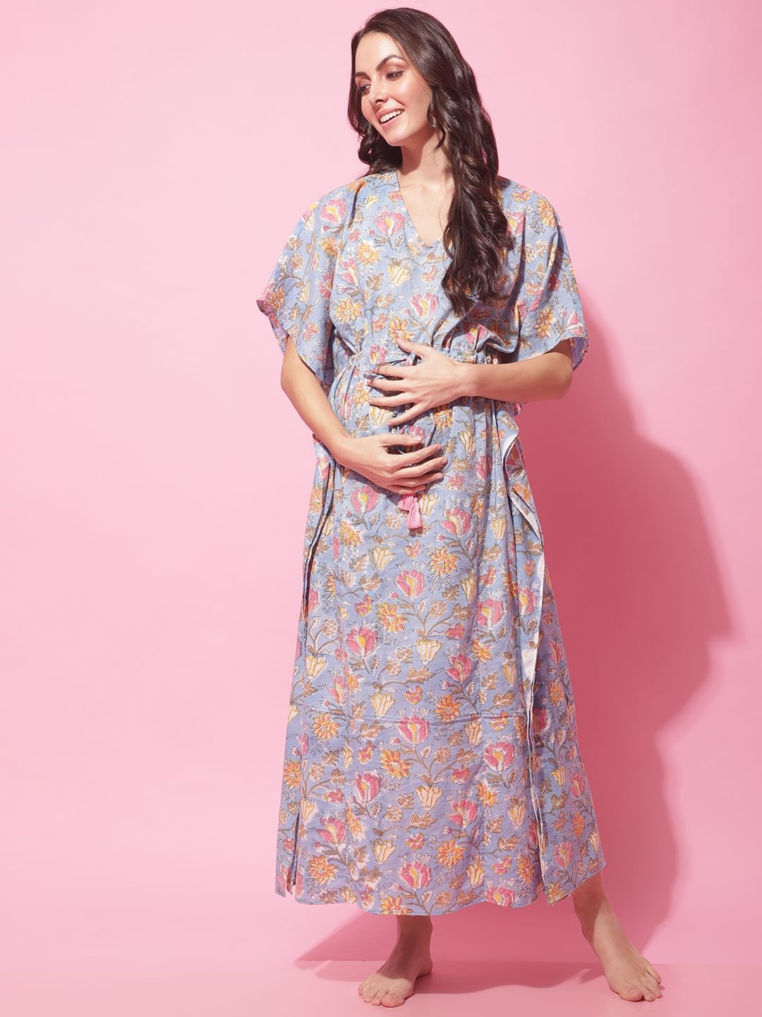 Blue Sanganeri Block Print Maternity Kaftan Night Dress