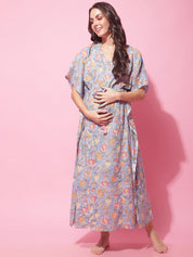Blue Sanganeri Block Print Maternity Kaftan Night Dress