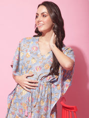 Blue Sanganeri Block Print Maternity Kaftan Night Dress