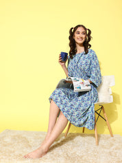 Blue Floral Printed Short Kaftan Dress